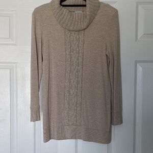 Tan Cowl Neck Sweater with Textured Knit Design